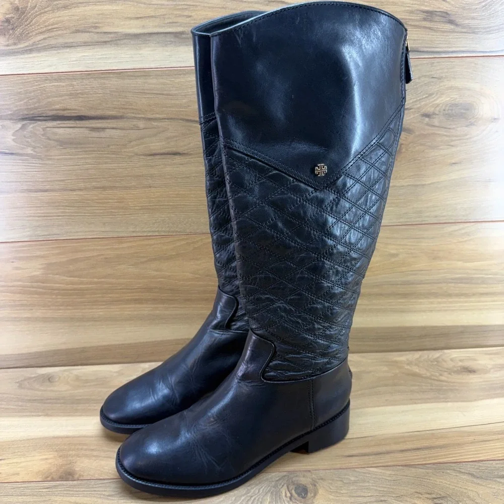 Tory Burch Claremont Tall Quilted Boots 9 M Black Leather Back Zip Riding Knee